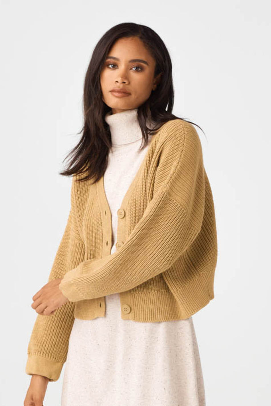 Monki cropped cable knit cardigan in beige