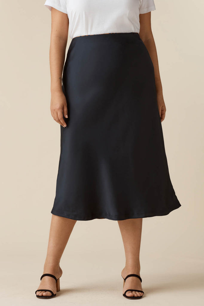 VETTA apparel The Reversible Satin Midi Skirt capsule wardrobe