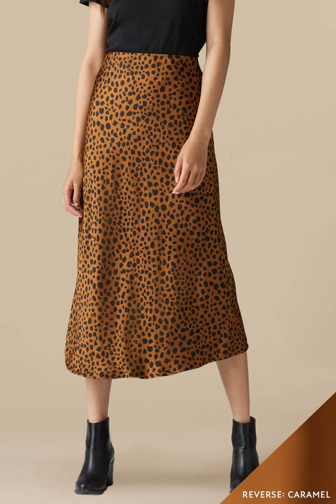 VETTA apparel XS / Caramel/Cheetah The Reversible Satin Midi Skirt capsule wardrobe