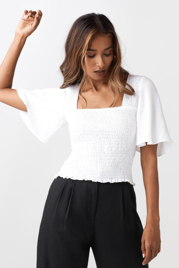 VETTA The Smocked Flutter Sleeve Blouse capsule wardrobe