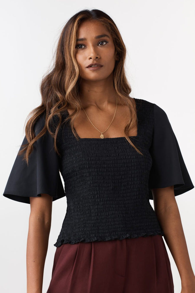 VETTA XS / Black The Smocked Flutter Sleeve Blouse capsule wardrobe