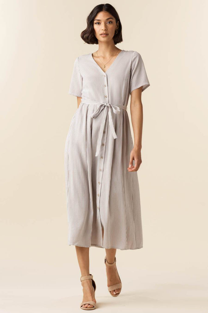 VETTA XS / Taupe Stripe The Button Up Midi Dress capsule wardrobe