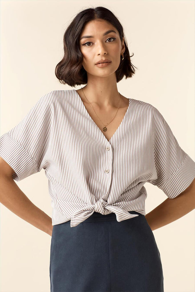 VETTA XS / Taupe Stripe The Girlfriend Shirt capsule wardrobe