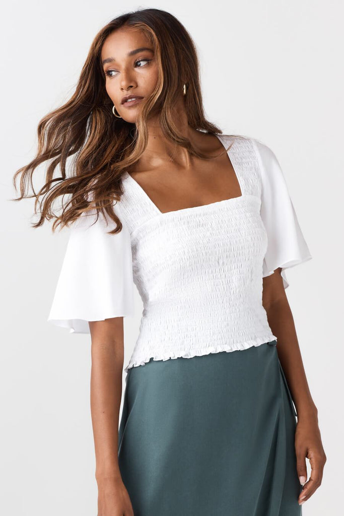 VETTA XS / White The Smocked Flutter Sleeve Blouse capsule wardrobe